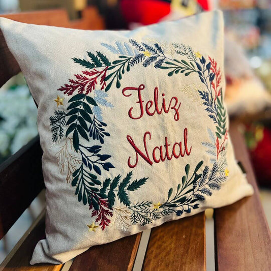 Capa de Almofada Natalina de Veludo Feliz Natal Com Bordado 50cmx50cm