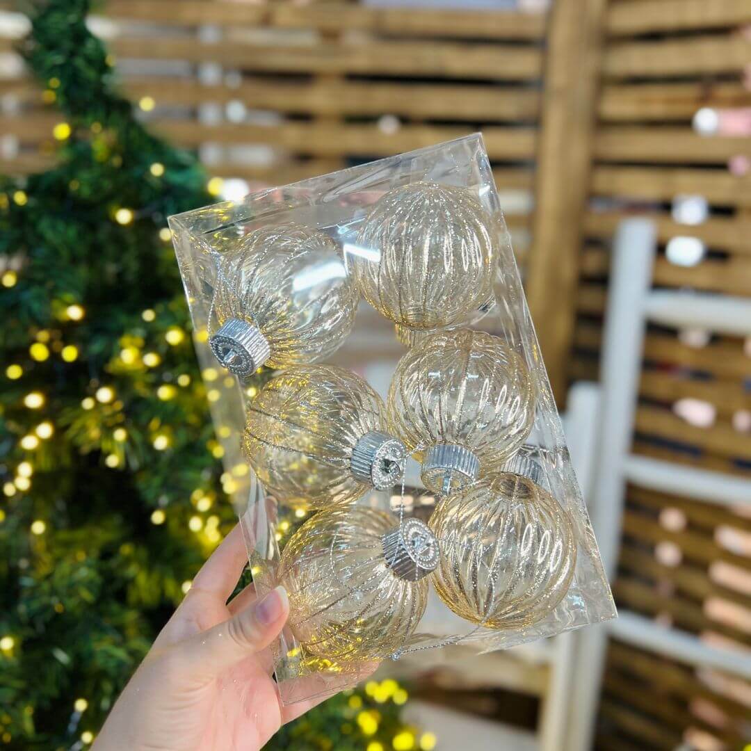 Enfeite Bola Transparente Trabalhada Champagne – 8cm | Jogo com 6 Peças