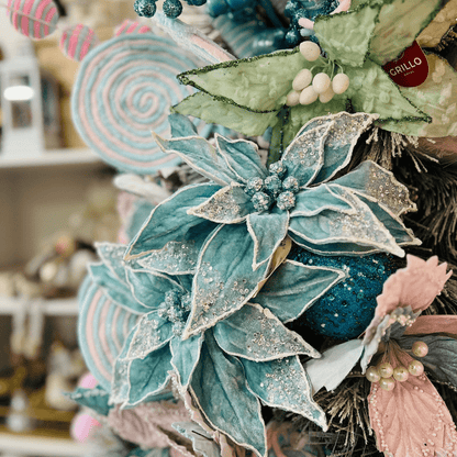 Flor Natalina Poinsetia Aveludada Azul Claro 28x59cm