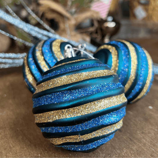 Caixa Com 3 Bolas de Natal Decorada Azul Listrada 8cm