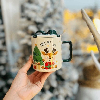 Caneca Natalina Rena Com Colher e Tampa de Cerâmica 300ml