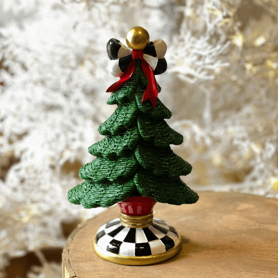 Árvore de Natal Verde com Xadrez e Laço – 37 cm