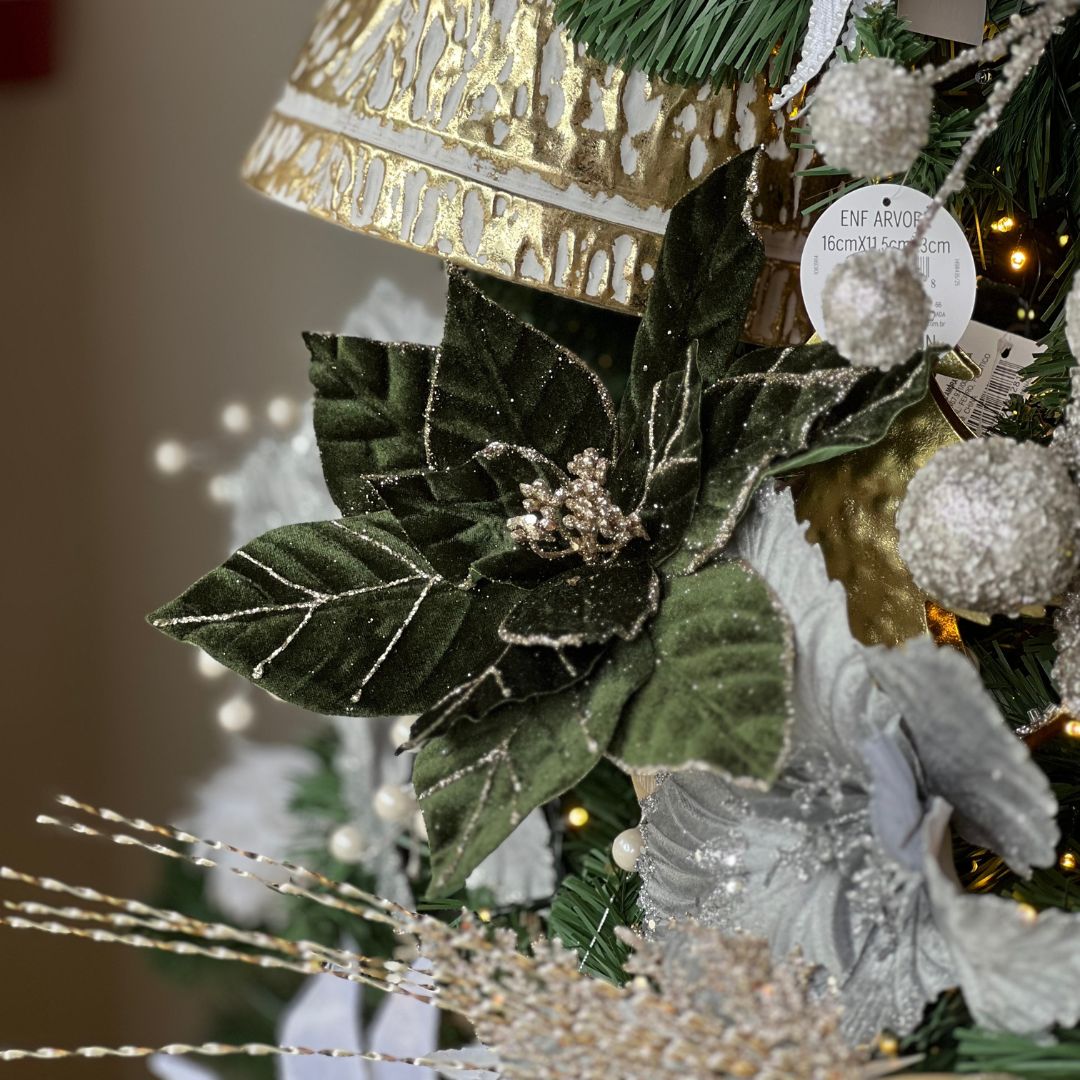 Poinsetia Verde Aveludado Com Borda Champanhe – 64cm