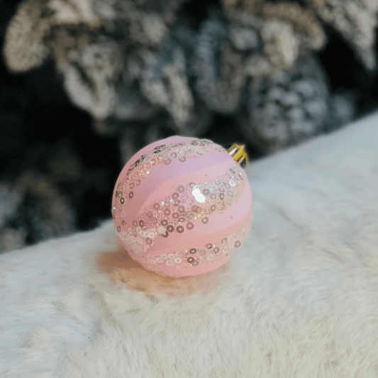 Jogo 6 Bolas Natalinas Rosa Com Listras de Glitter 8cm