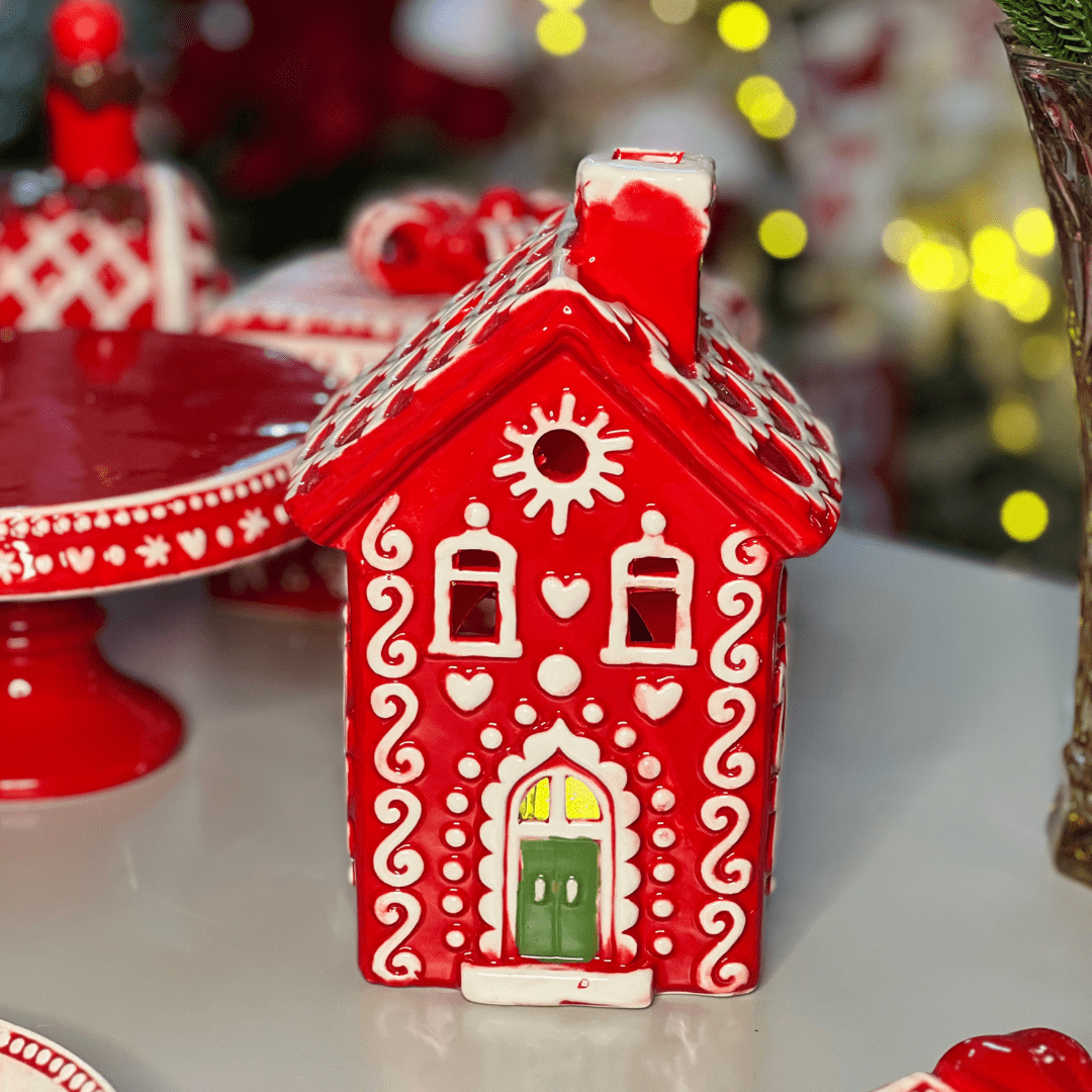Casa Natalina Vermelho e Branco de Cerâmica 14x10x22cm