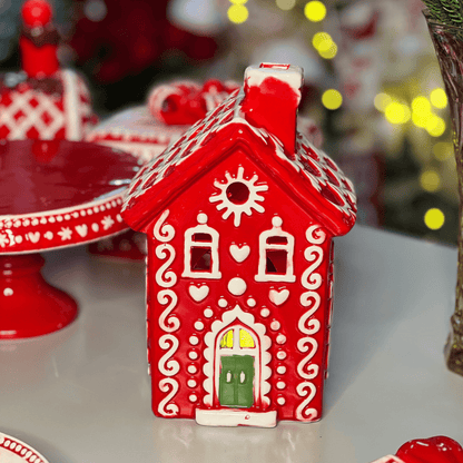Casa Natalina Vermelho e Branco de Cerâmica 14x10x22cm