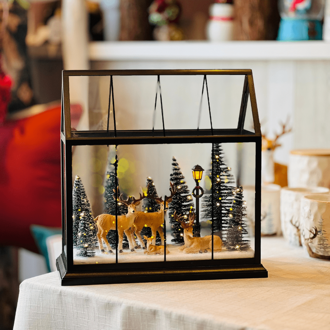 Lamparina Natalina Renas na Floresta Com Led 33x15x33cm