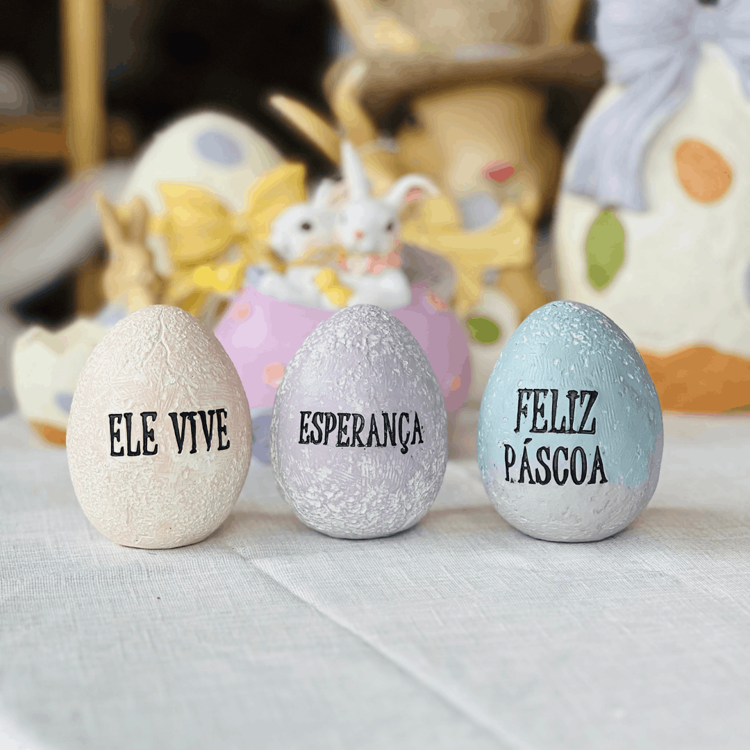Conjunto 3 Ovos Decorativos de Páscoa de Resina 7,8x6,3x6,3cm