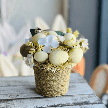 Vaso Decoratico Com Flor e Ovinhos Bege e Amarelo - 20cm