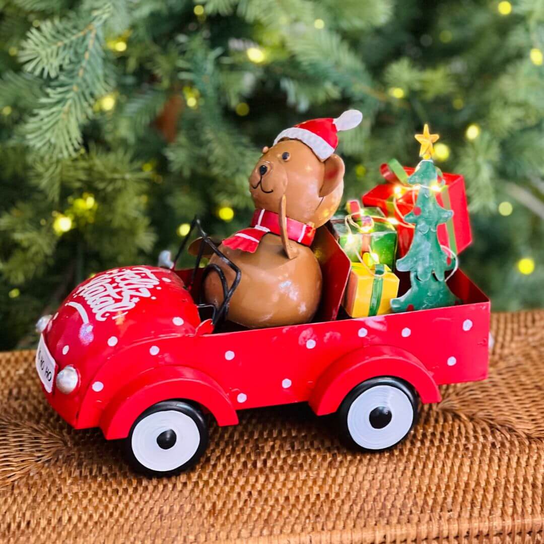Enfeite Natalino Carro com Urso e LED – 36,5cm