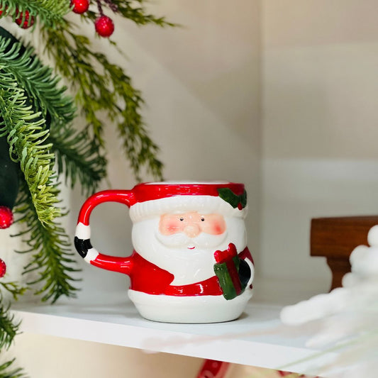 Caneca Papai Noel com Presente de Cerâmica - 12,5x8,5x10cm