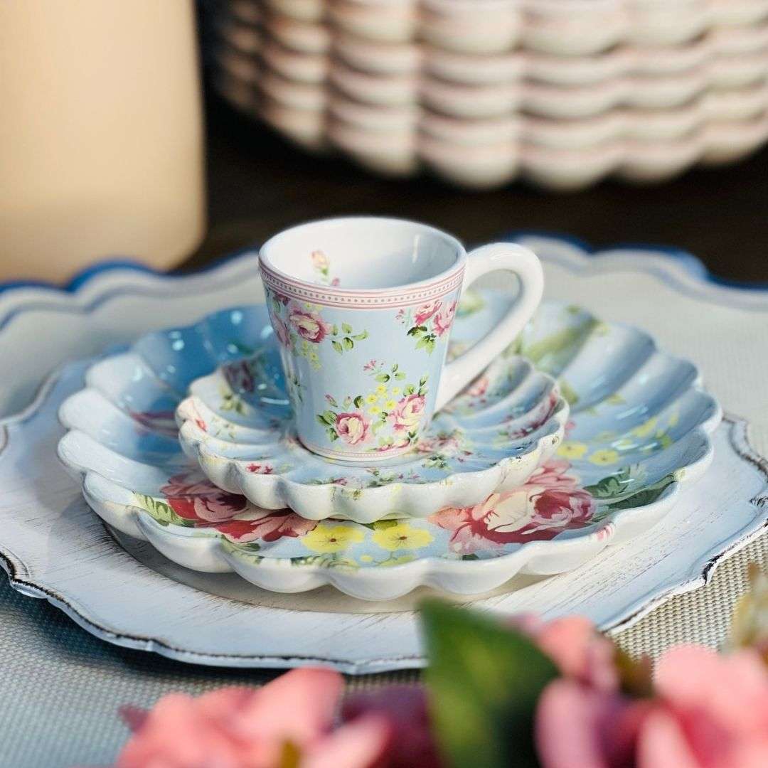 Xícara de Café Com Pires Azul Com Rosas Vó Dulce -100ml