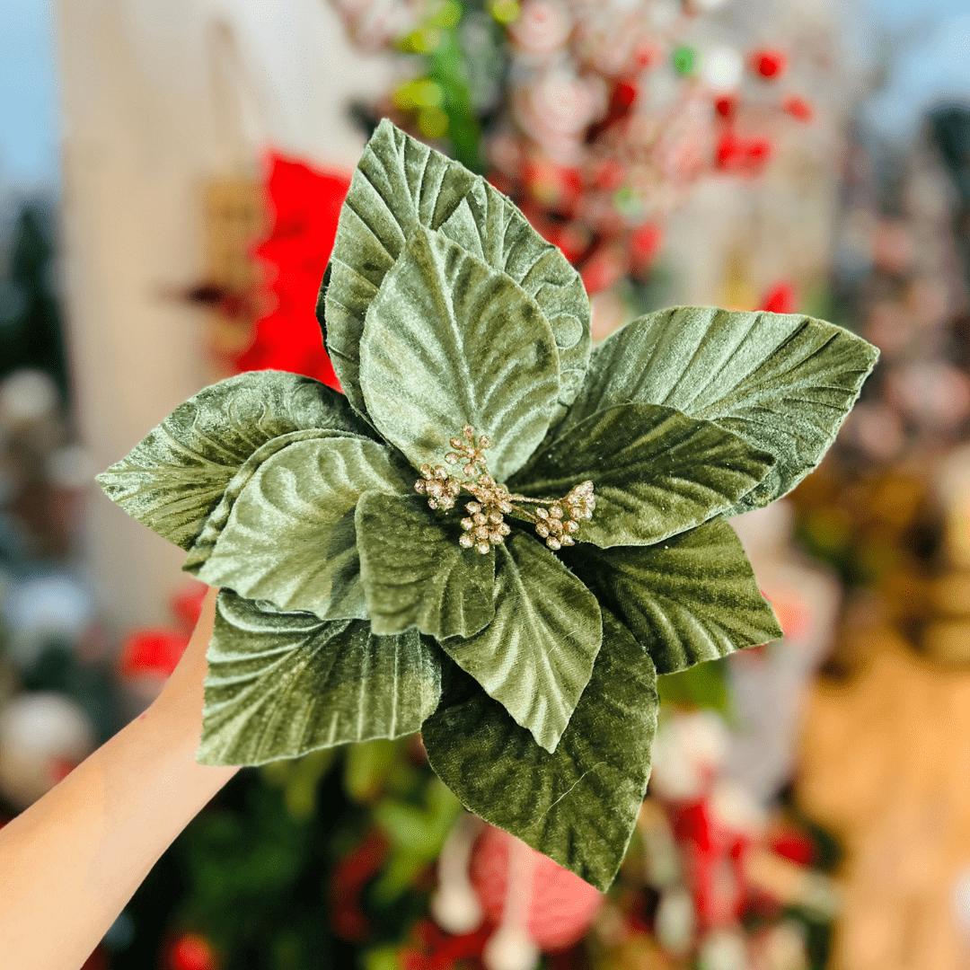 Flor Natalina Poinsetia Aveludada Verde 20x20cm