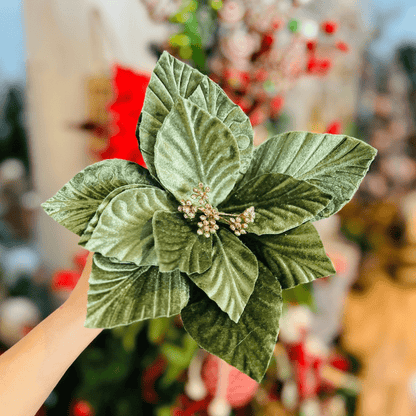 Flor Natalina Poinsetia Aveludada Verde 20x20cm