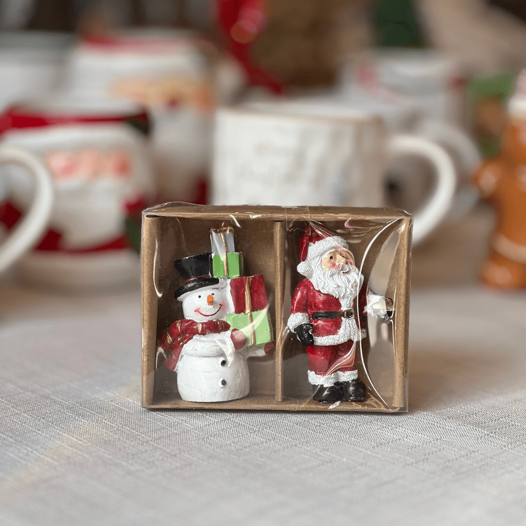 Conjunto Papai Noel e Boneco de Neve de Resina 4,5x3x7,5cm