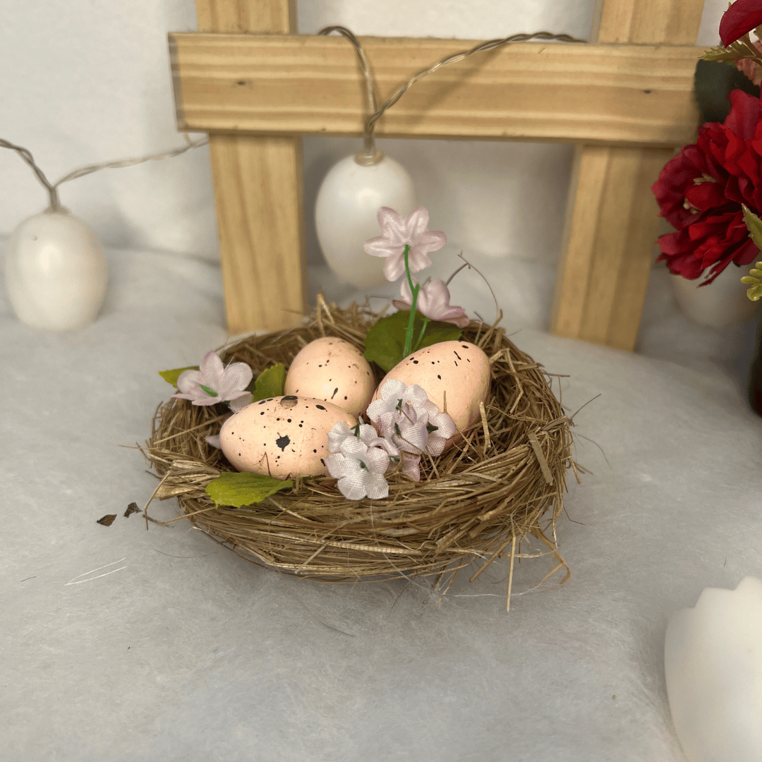 Ninho Decorativo Com Ovos Rosa 12cm