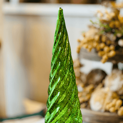 Arvore Natalina de Vidro Giratoria Com Led Verde 40cm - Pilha 3AA