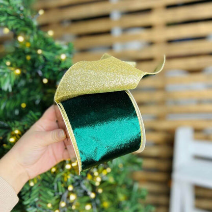 Fita Aramada Veludo Dupla Face com Costura – Verde e Dourado 10cm x 5m