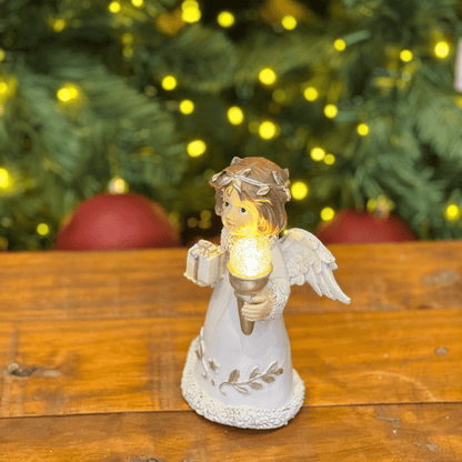 Anjo Natalino Branco de Resina Com Led 17,5x12x7cm