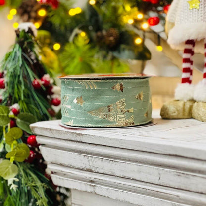 Fita Aramada Veludo Verde Com Detalhes de Pinheiros - 6,3x9,14cm
