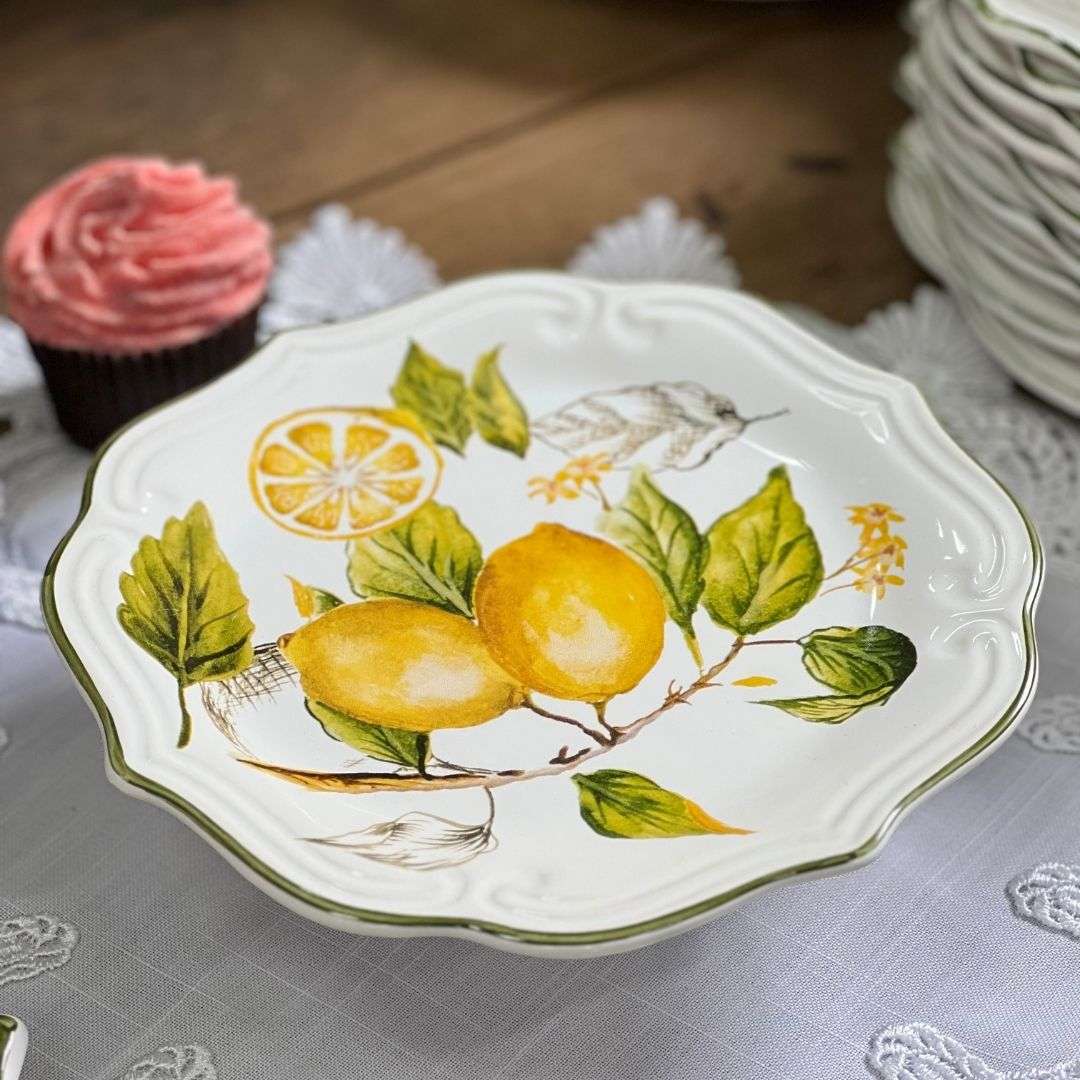 Prato Para Bolo Com Pé Toscana Branco Limão Siciliano - 22cm