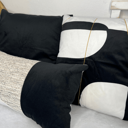 Capa De Almofada Veludo Luxor Preto e Branco Com Bordado Simples 43x43cm