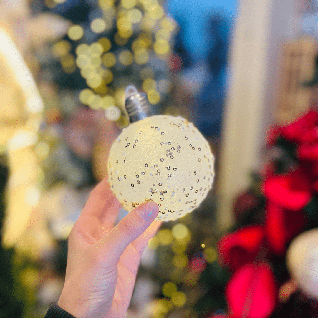 Bola Natalina Branca Glitter Com Led 10cm 1un