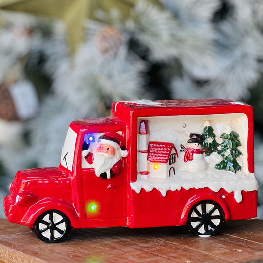 Caminhão Natalino Vermelho de Porcelana Com Luz e Som - 16cm