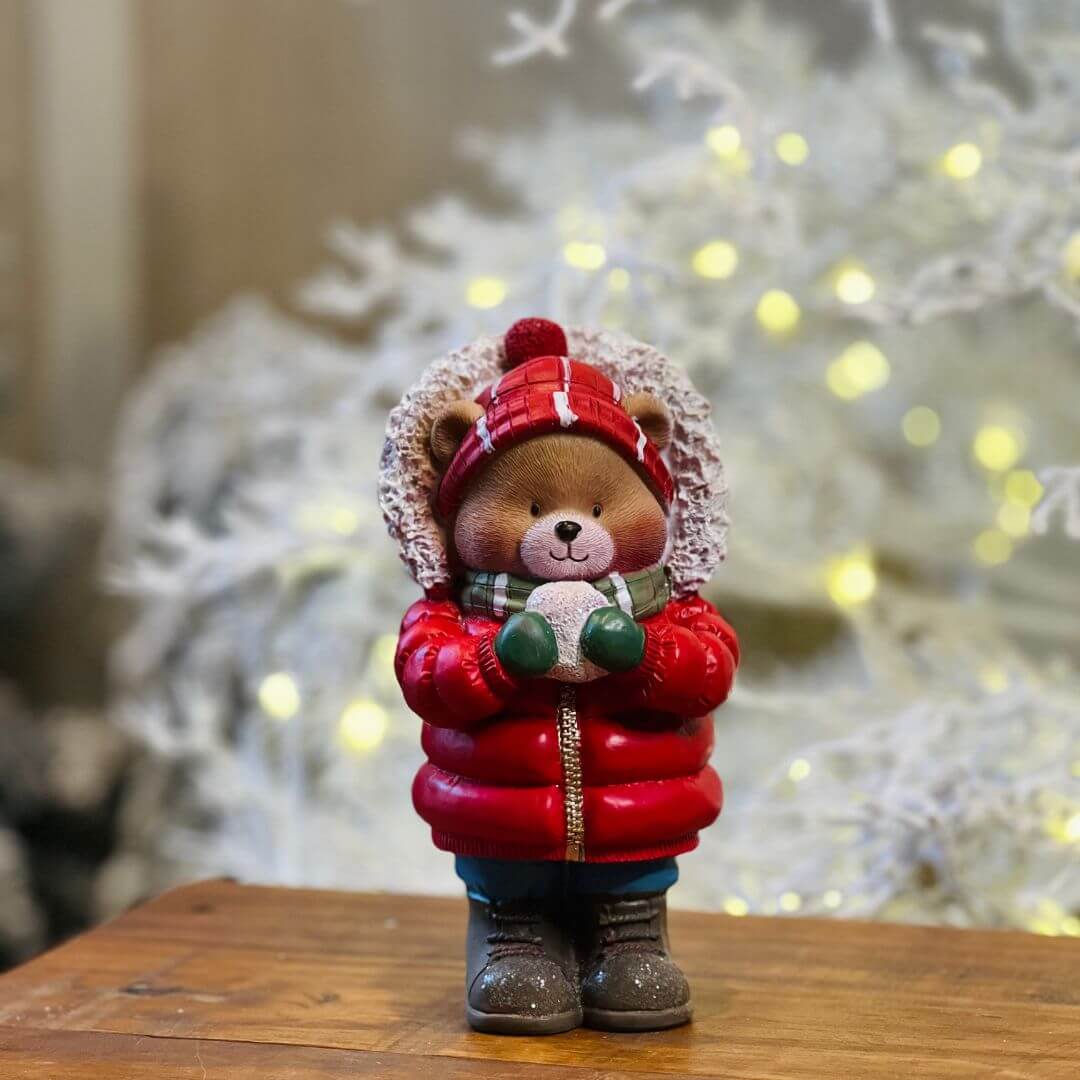 Urso Resina Com Bola de Neve - Alt 18 Cm