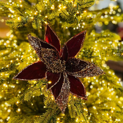 Poinsetia Veludo Vinho Com Glitter x 13 - Alt 45 x Diam 29 Cm