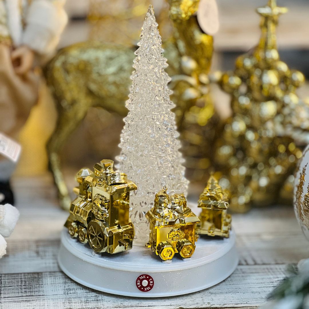 Árvore Rotativa Com Trem - Led, Som e Movimento Dourado- 32cm