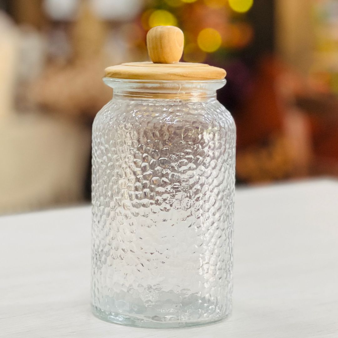 Pote de Vidro Martelado Com Tampa de Bambu - 1,3L