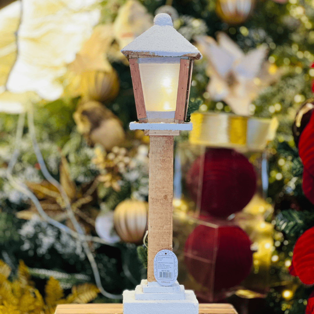 Poste de Madeira Natural Nevado Com Led 52cm - Pilha