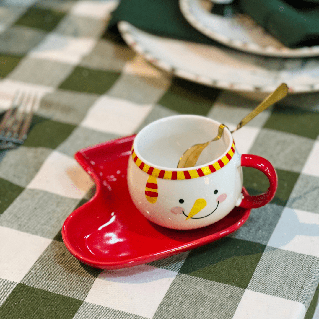 Caneca Natalina Boneco de Neve Com Pires de Bota e Colher 210ml 7cm