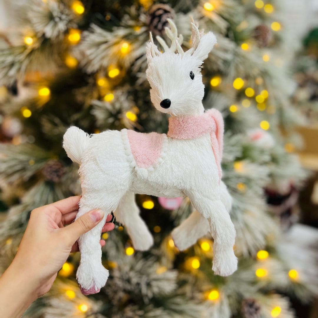 Rena de Natal Branco e Rosa Em Pé de Sisal 34cm