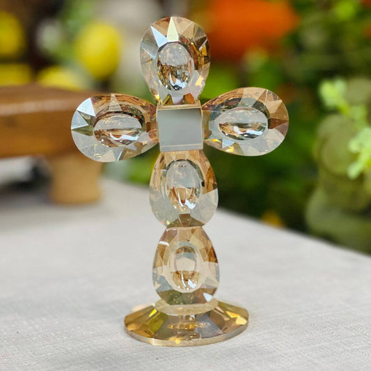 Crucifixo Ambar Em Cristal Lapidado Ornamental Com Base - 15 Cm