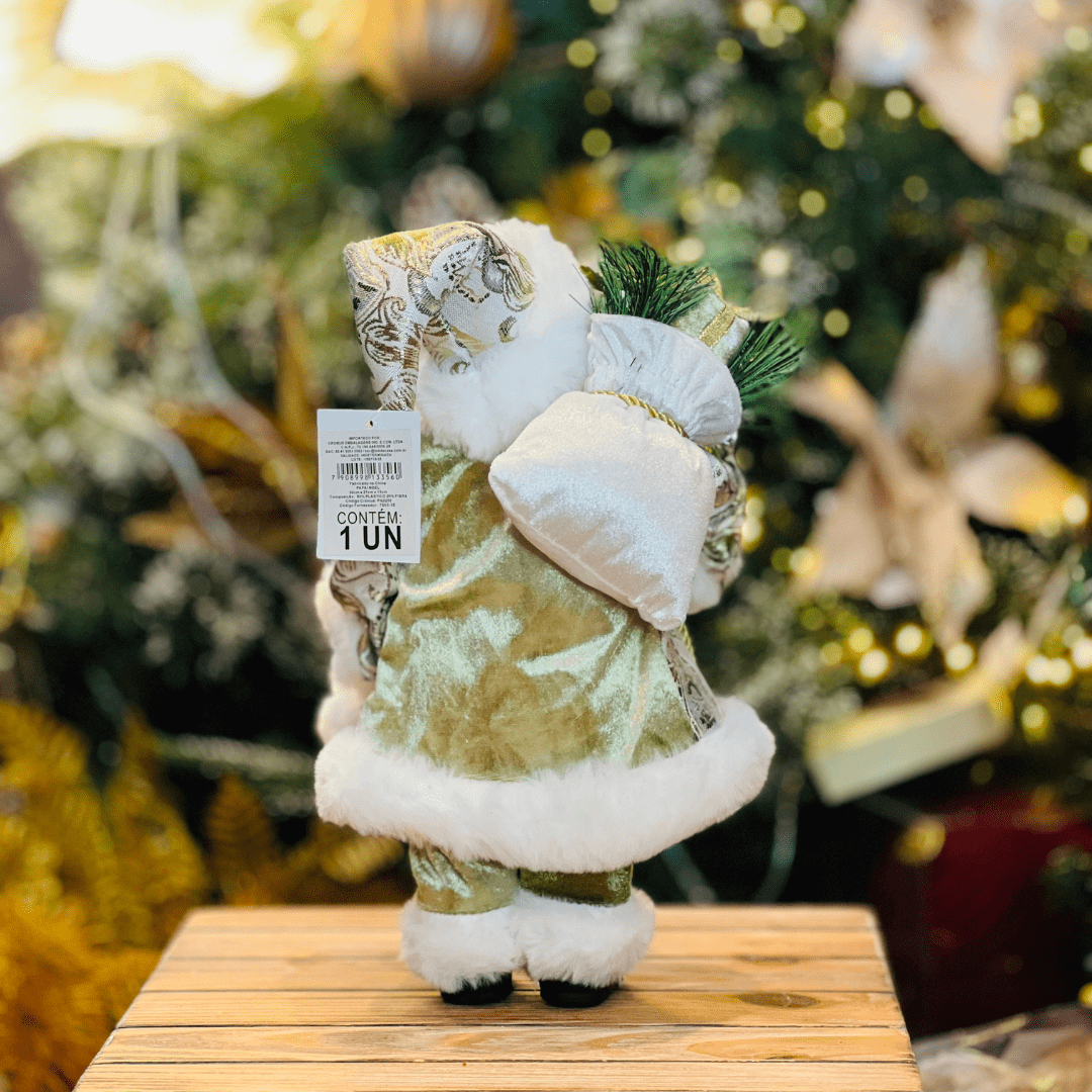 Papai Noel Em Pé Com Presentes Verde e Dourado 30cm