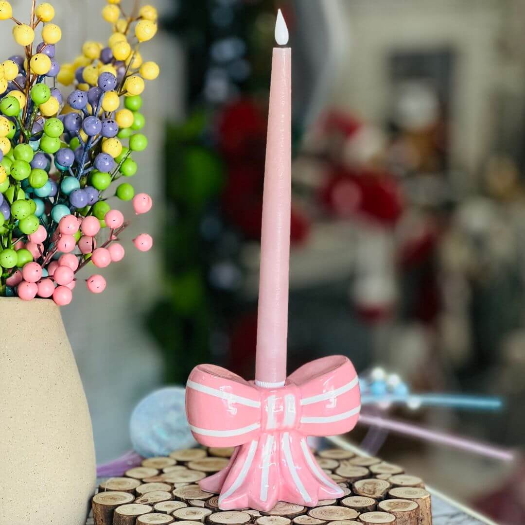 Castiçal Decorativo Laço Rosa - 13cm