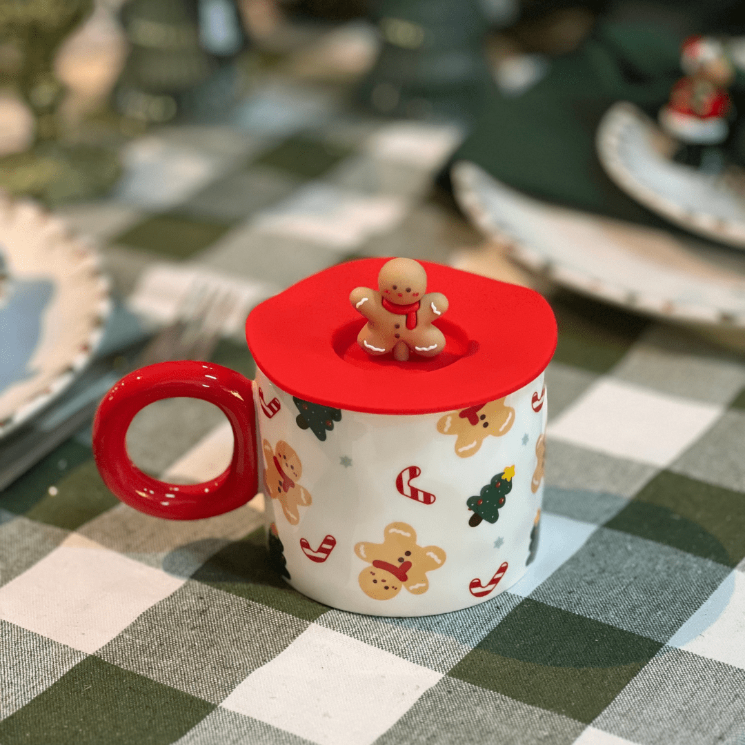 Caneca Natalina Gingerbread Com Tampa 400ml 10cm
