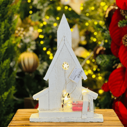 Casa Natalina Branca Com Led de Madeira 30x21x10cm