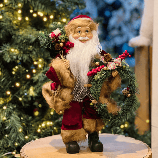 Papai Noel Com Casaco de Veludo e Guirlanda 40cm