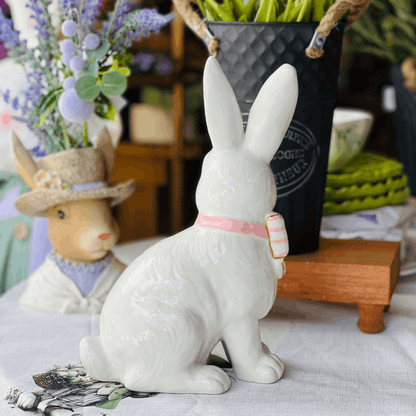 Coelho Com Lacinho Branco e Rosa de Cerâmica 19x13x29cm
