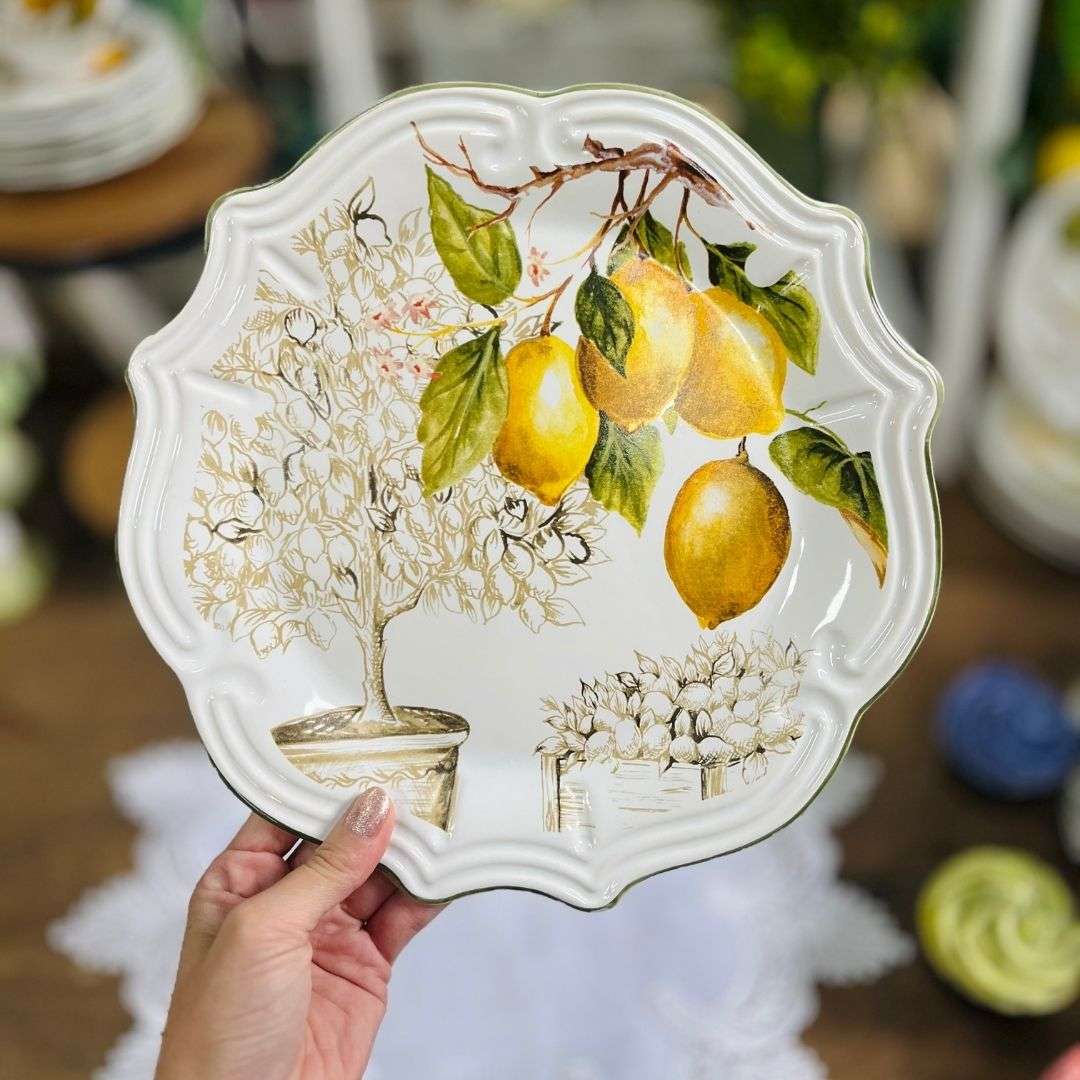 Prato Para Bolo Com Pé Toscana Branco Limão Siciliano - 27cm