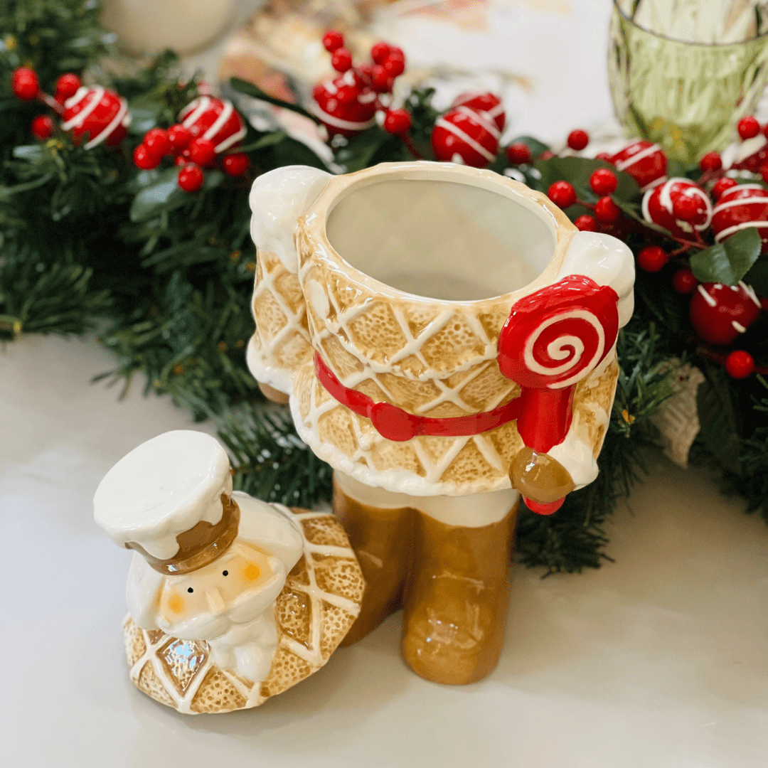 Pote Natalino Em Formato de Quebra Nozes Gingerbread de Cerâmica 29cm