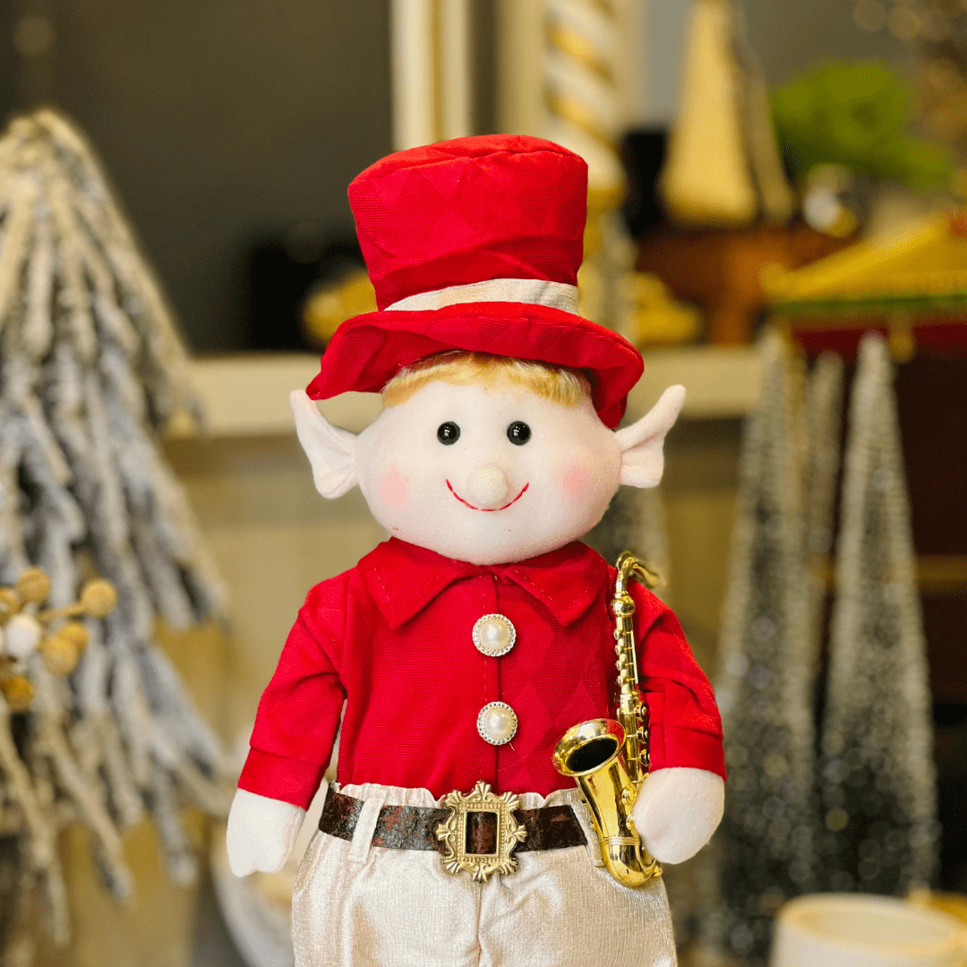 Elfo Natalino Com Saxofone Vermelho e Dourado 47cm
