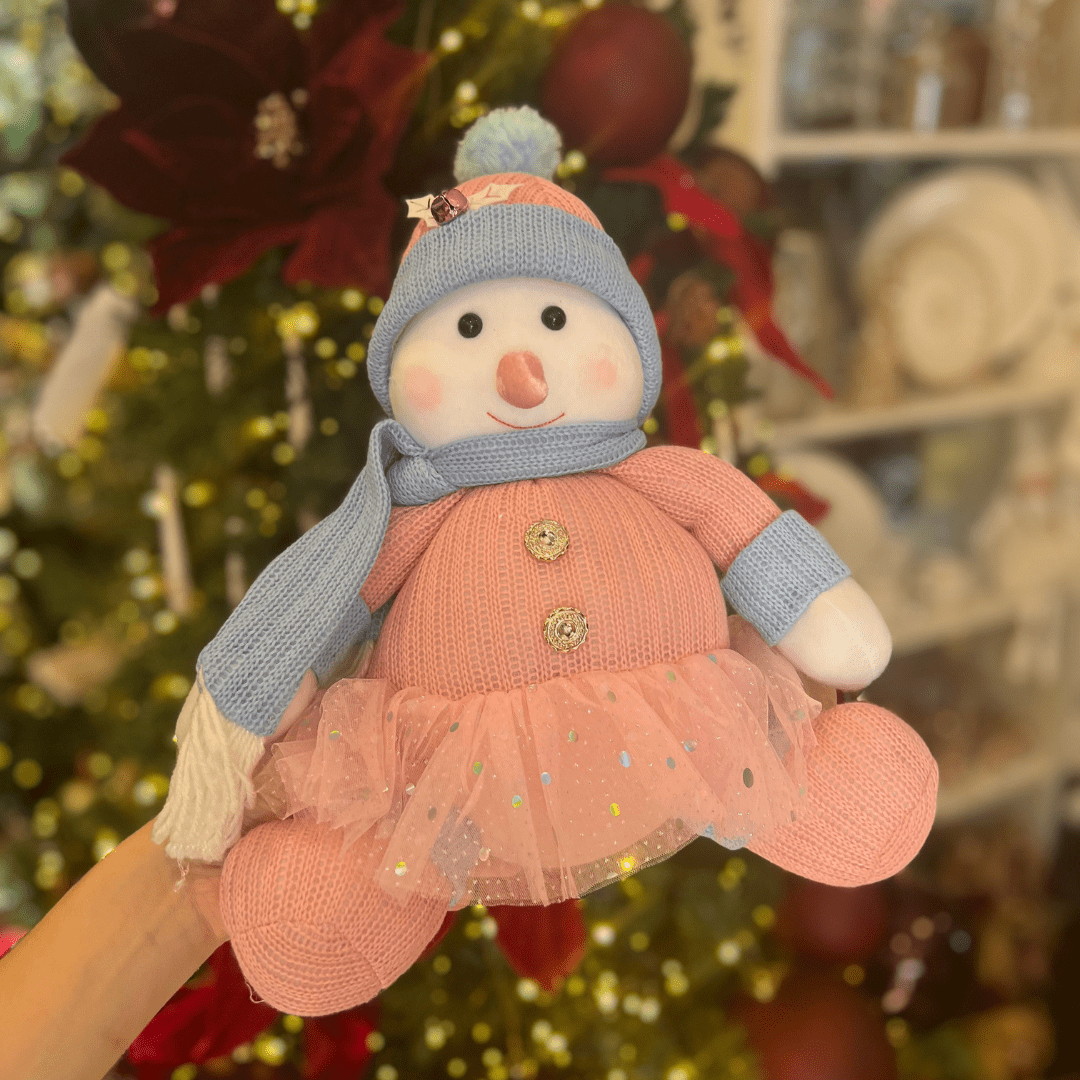 Boneco de Neve Natalino Sentado Rosa e Azul 36cm