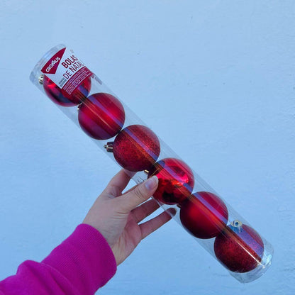 Bola Tubo Brilhante, Fosca e com Glitter Vermelha – 6cm | Jogo com 6 Peças