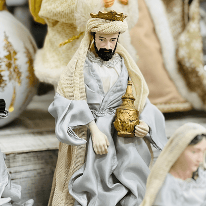 Presépio Natalino Plus Grande Azul e Bege de Resina 40cm 6 Peças