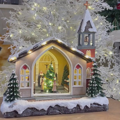 Cenário Natalino Igreja com Movimento e Som de Sino – 34cm