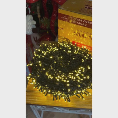 Pisca-pisca Led Estrobo Fio Verde 1000 Leds Branco Quente 100m